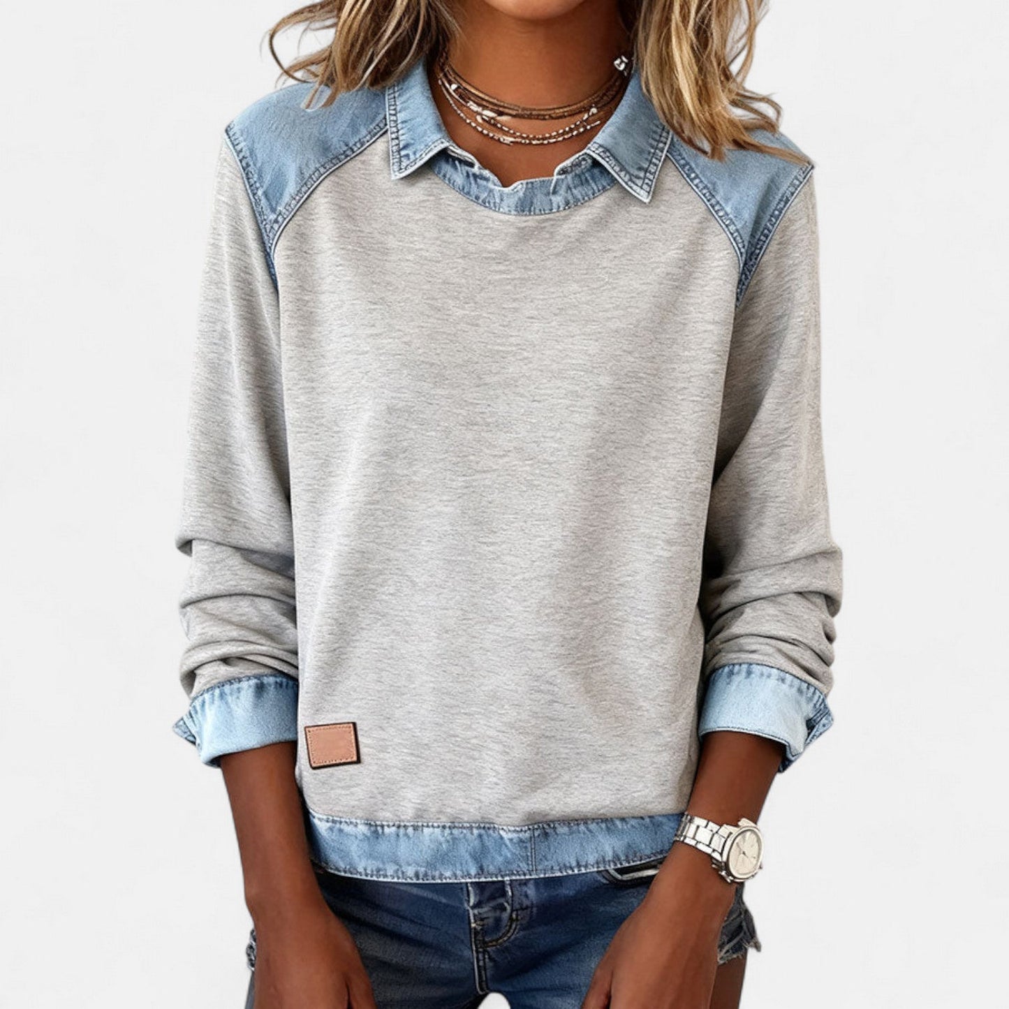 Effortless Denim Trim Sweatshirt for Women with Point Collar Long Sleeve Colorblock Casual Style