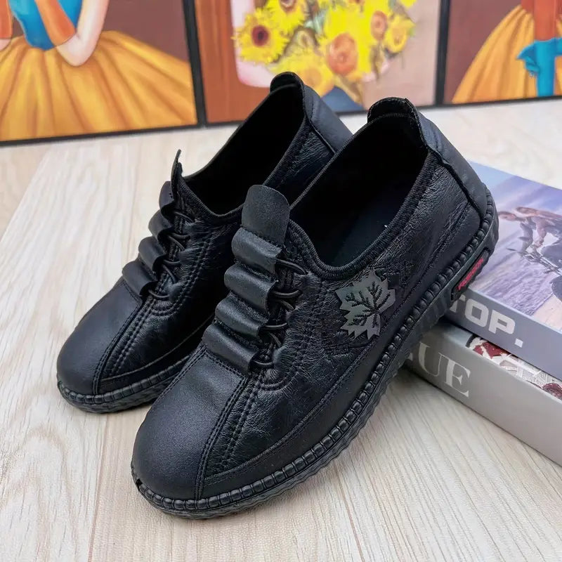 Comfortable Lace Up Shoes for Women with Embossed Floral Panel Soft Sole Slip Resistant Flat Style