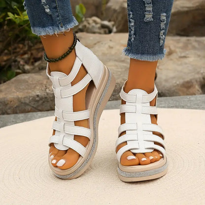 Comfortable Gladiator Sandals for Women with Caged Strap Espadrille Platform Zip Back Wedge Style