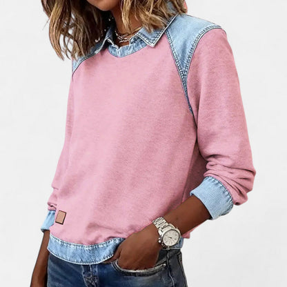 Effortless Denim Trim Sweatshirt for Women with Point Collar Long Sleeve Colorblock Casual Style