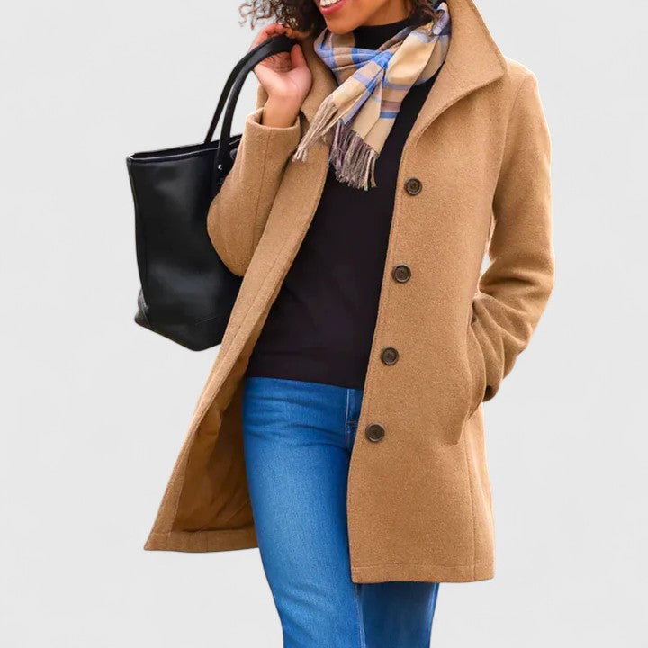 Elegant Wool Pea Coat for Women with Notch Collar Long Sleeve Button Front Longline Casual Style