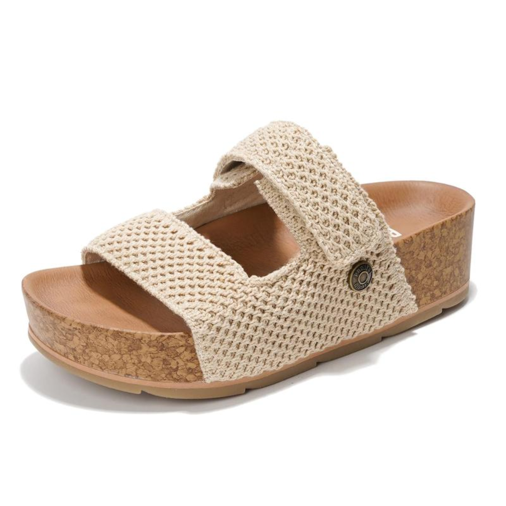 Comfortable Slide Sandals for Women with Woven Double Strap Cork Platform Open Toe Style