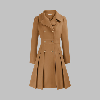 Elegant Wool Coat for Women with Notched Lapel Long Sleeve Double Breasted Pleated Flare Style