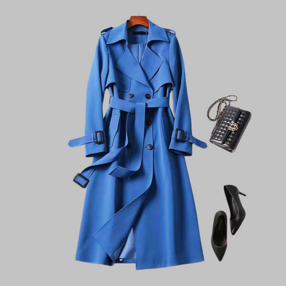 Elegant Double Breasted Trench Coat for Women with Notched Lapel Long Sleeve Belted Flowing Style
