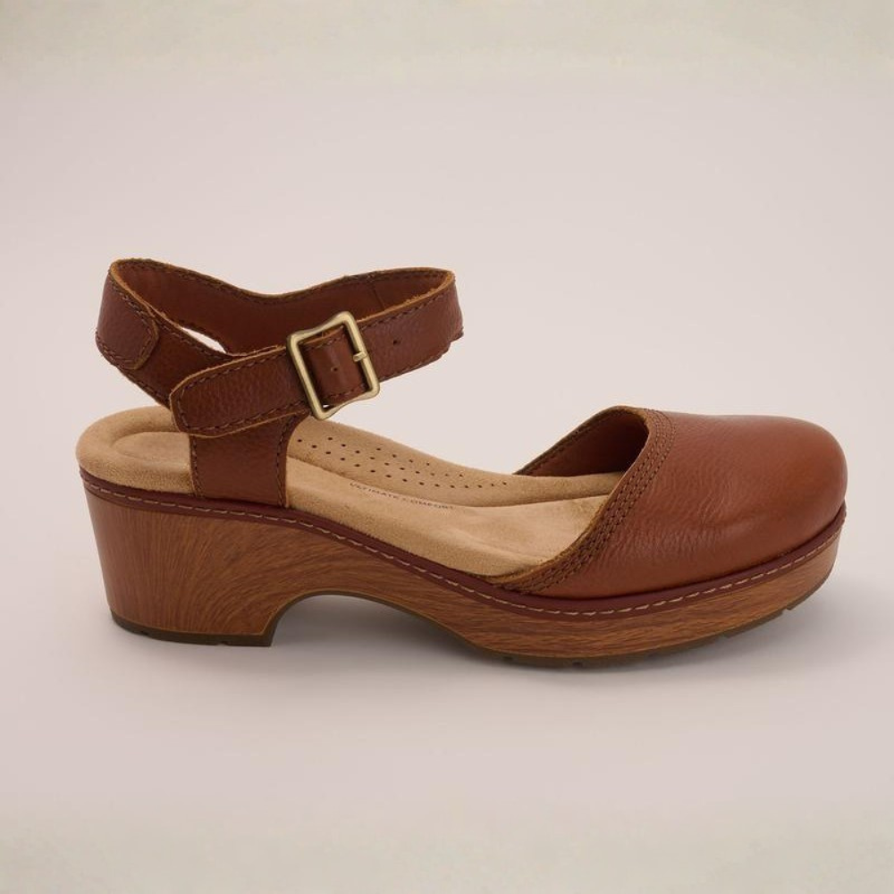 Comfortable Clogs for Women with Buckle Ankle Strap Wood Look Block Heel Closed Toe Style
