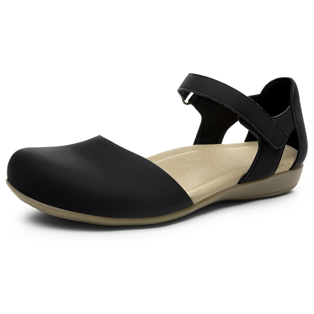 Comfortable Closed Toe Sandals for Women with Laser Cut Ankle Strap Cushioned Flat Style
