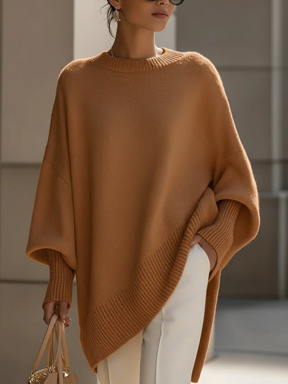 Comfortable Ribbed Trim Oversized Sweater for Women with Crew Neck Batwing Sleeve Asymmetric Hem Knit Style