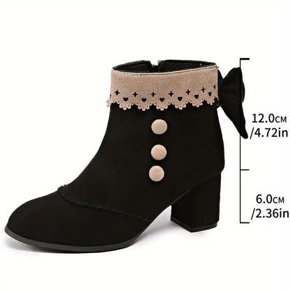 Comfortable Black Boots for Women with Bow Detail Pearl Trim Block Heel Ankle Style