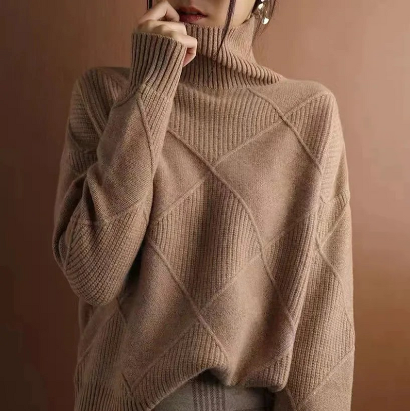 Comfortable Diamond Knit Turtleneck Sweater for Women with High Neck Long Sleeve Relaxed Oversized Style