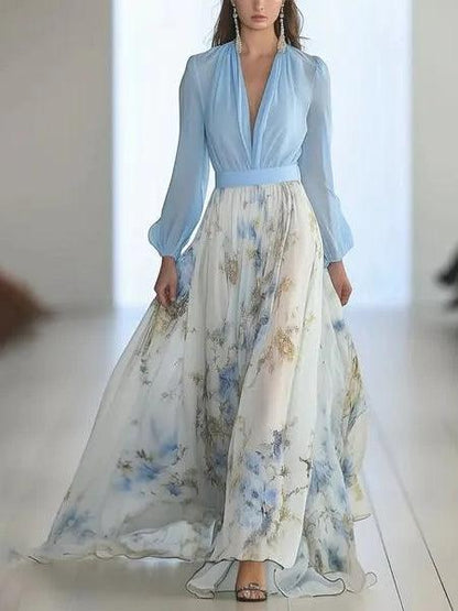 Elegant Blue Floral Maxi Dress for Women with V Neck Long Sleeve Contrast Waist Flowing Bohemian Style