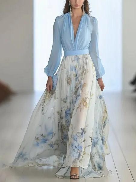 Elegant Blue Floral Maxi Dress for Women with V Neck Long Sleeve Contrast Waist Flowing Bohemian Style