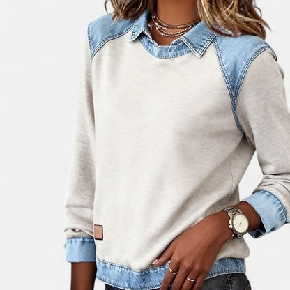 Effortless Denim Trim Sweatshirt for Women with Point Collar Long Sleeve Colorblock Casual Style