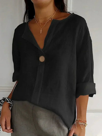 Effortless Linen Blouse for Women with V Neck Button Front Elbow Sleeve Relaxed Style