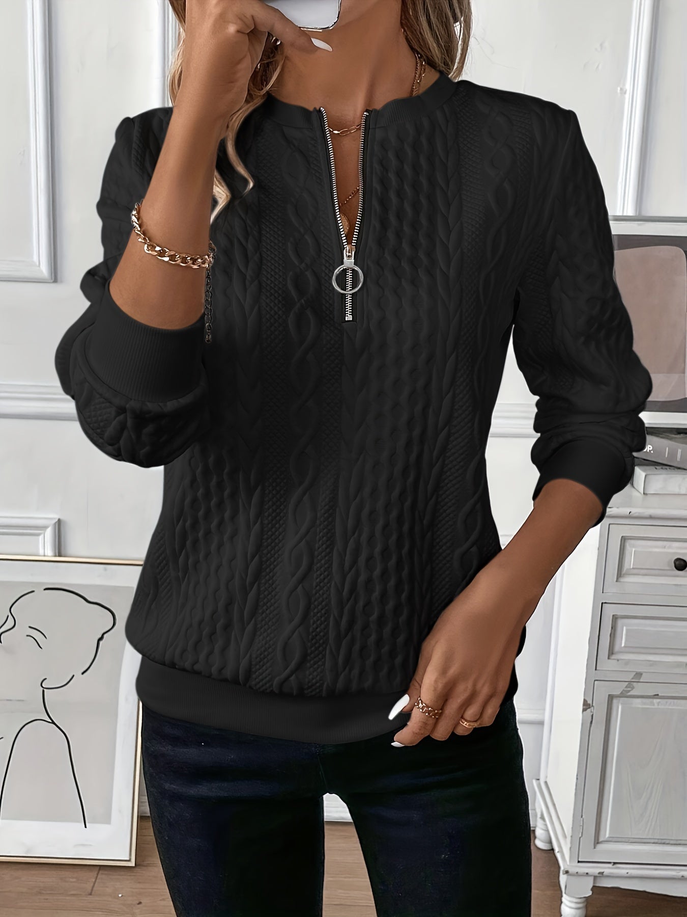 Comfortable Cable Knit Sweater for Women with Zip Collar Long Sleeve Kangaroo Pocket Relaxed Style