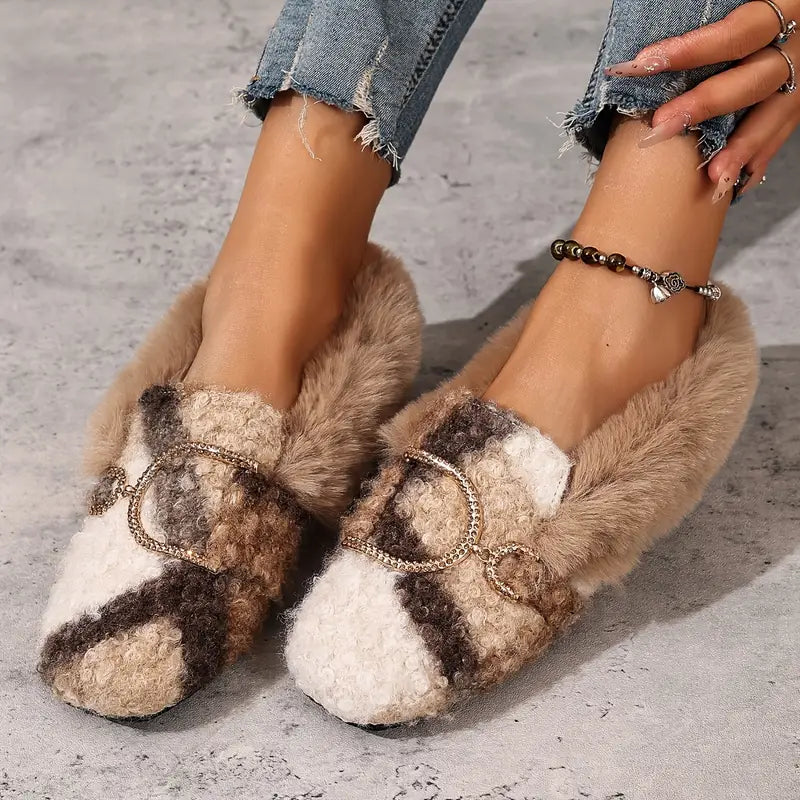 Comfortable Beige Slippers for Women with Faux Fur Upper Bow Detail Slip On House Shoe Style