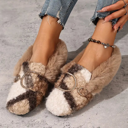 Comfortable Beige Slippers for Women with Faux Fur Upper Bow Detail Slip On House Shoe Style