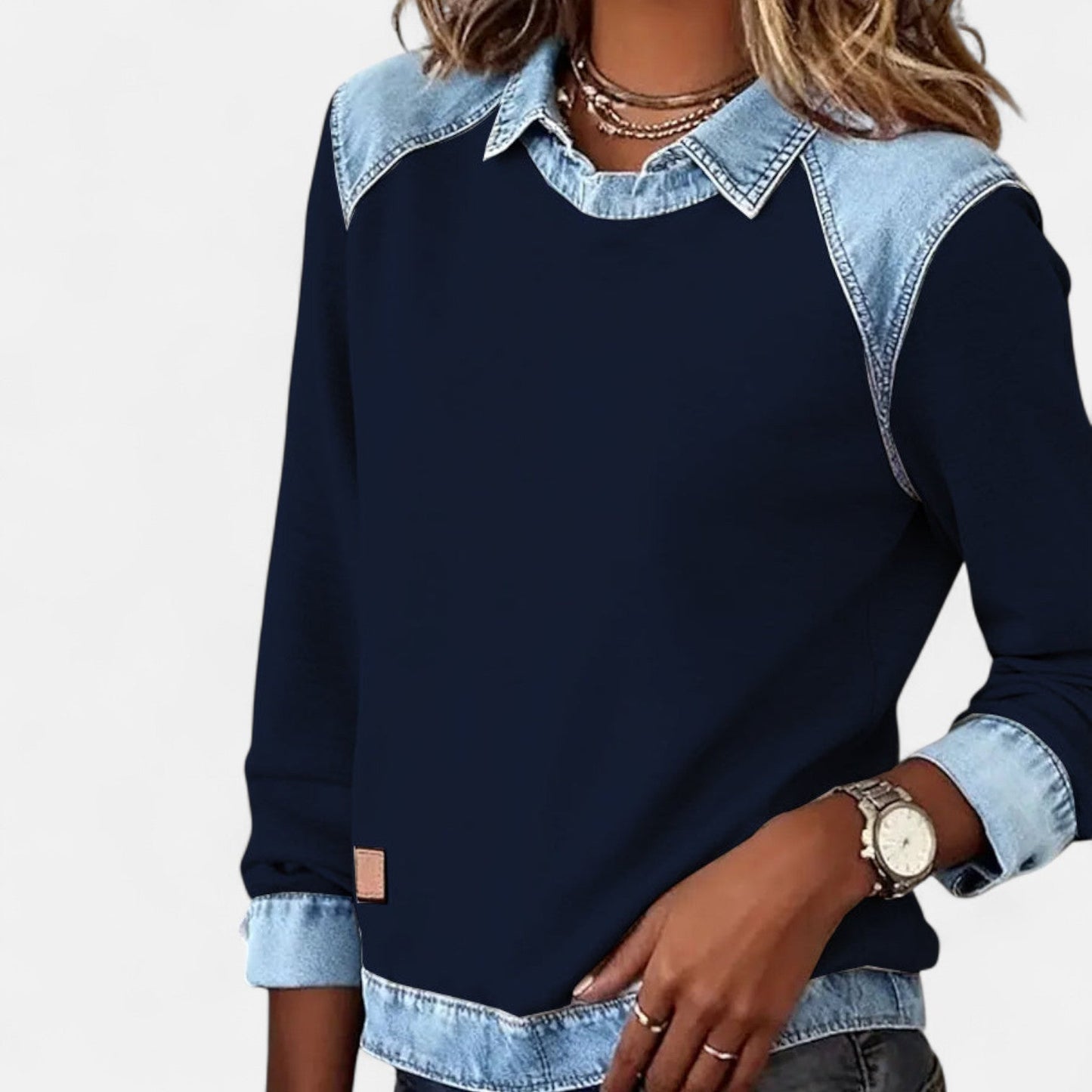 Effortless Denim Trim Sweatshirt for Women with Collar Long Sleeve Raglan Colorblock Casual Style