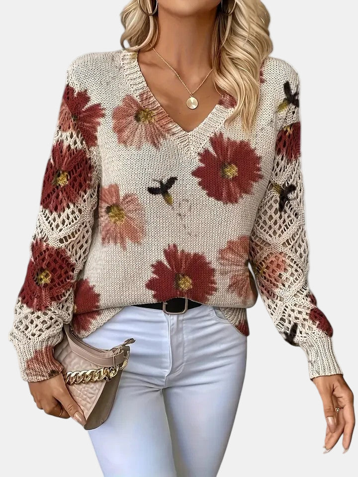 Comfortable Floral Crochet Sweater for Women with V Neck Long Sleeve Relaxed Oversized Knit Style