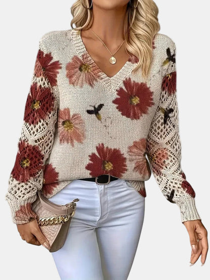 Comfortable Floral Crochet Sweater for Women with V Neck Long Sleeve Relaxed Oversized Knit Style