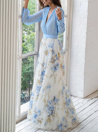 Elegant Blue Floral Maxi Dress for Women with V Neck Bishop Sleeve Flowing Wedding Guest Style