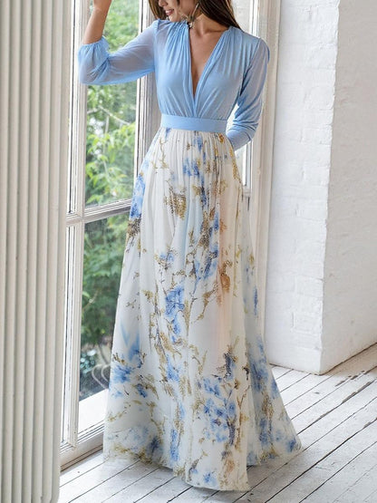 Elegant Blue Floral Maxi Dress for Women with V Neck Bishop Sleeve Flowing Wedding Guest Style