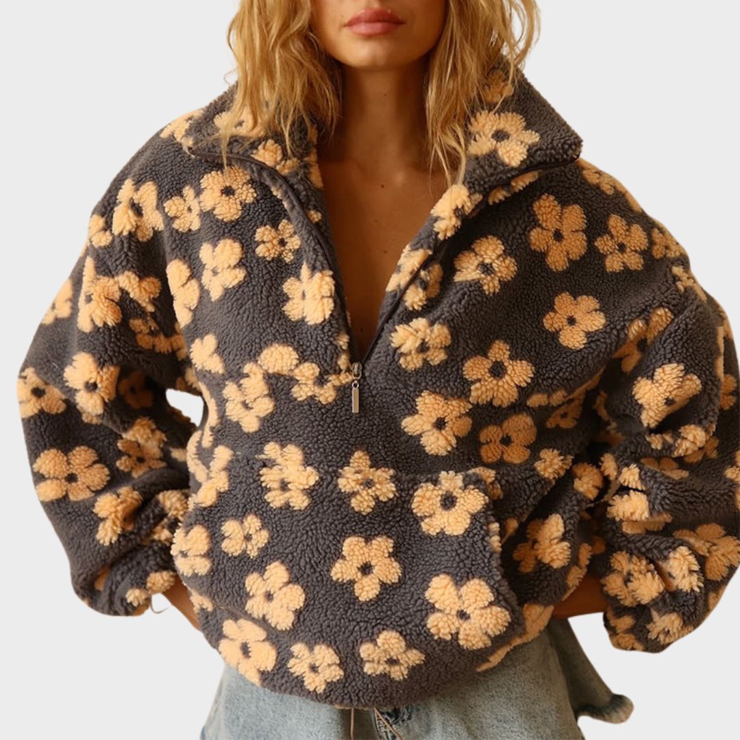 Effortless Floral Sherpa Jacket for Women with Collar Long Sleeve Half Zip Oversized Casual Style