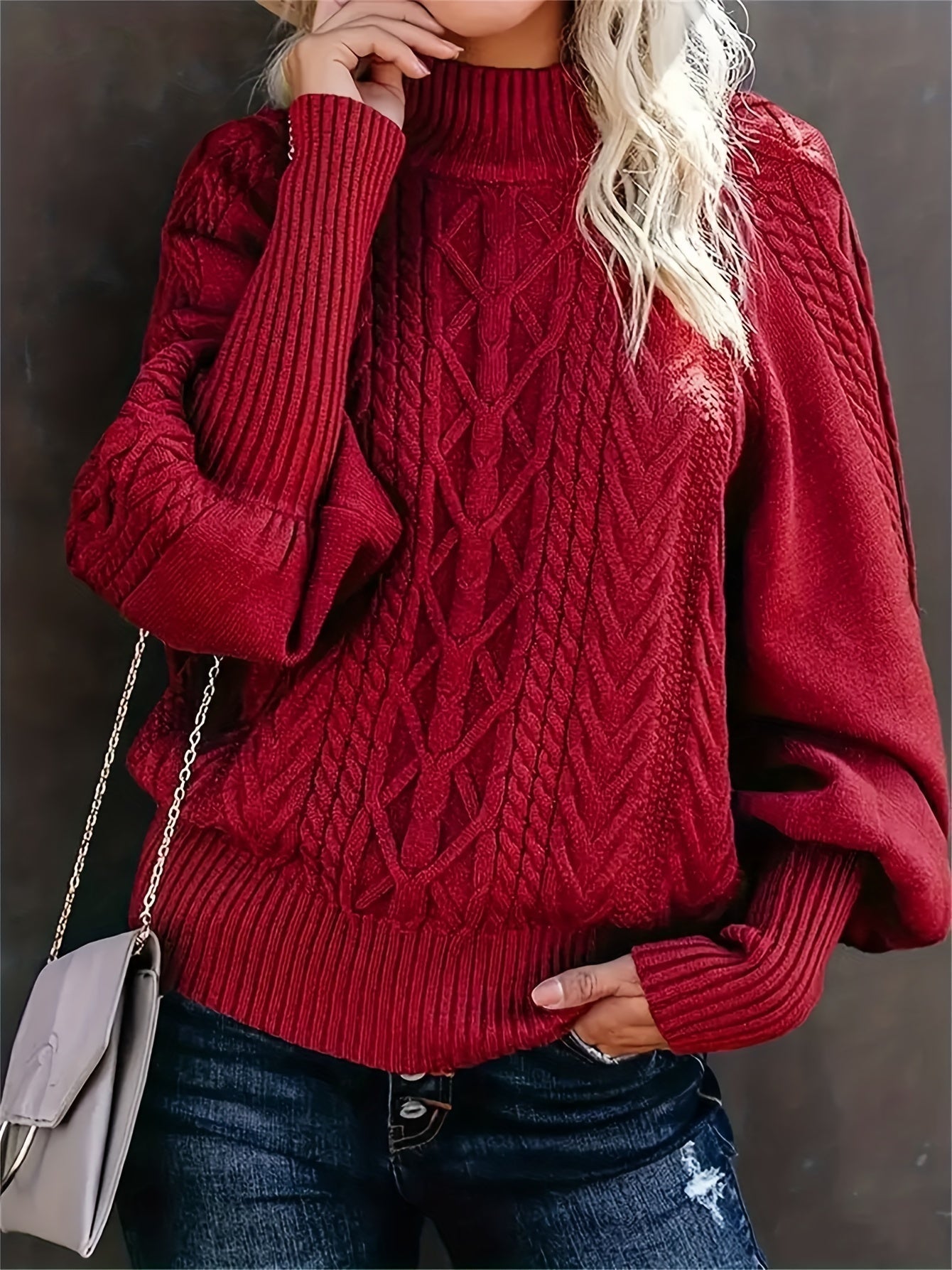 Comfortable Chunky Cable Sweater for Women with Mock Neck Long Sleeve Oversized Relaxed Knit Style