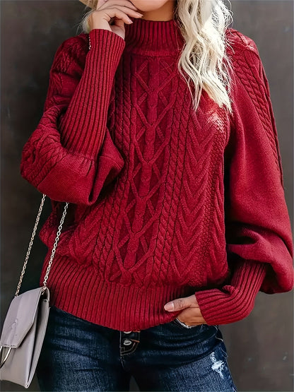 Comfortable Chunky Cable Sweater for Women with Mock Neck Long Sleeve Oversized Relaxed Knit Style