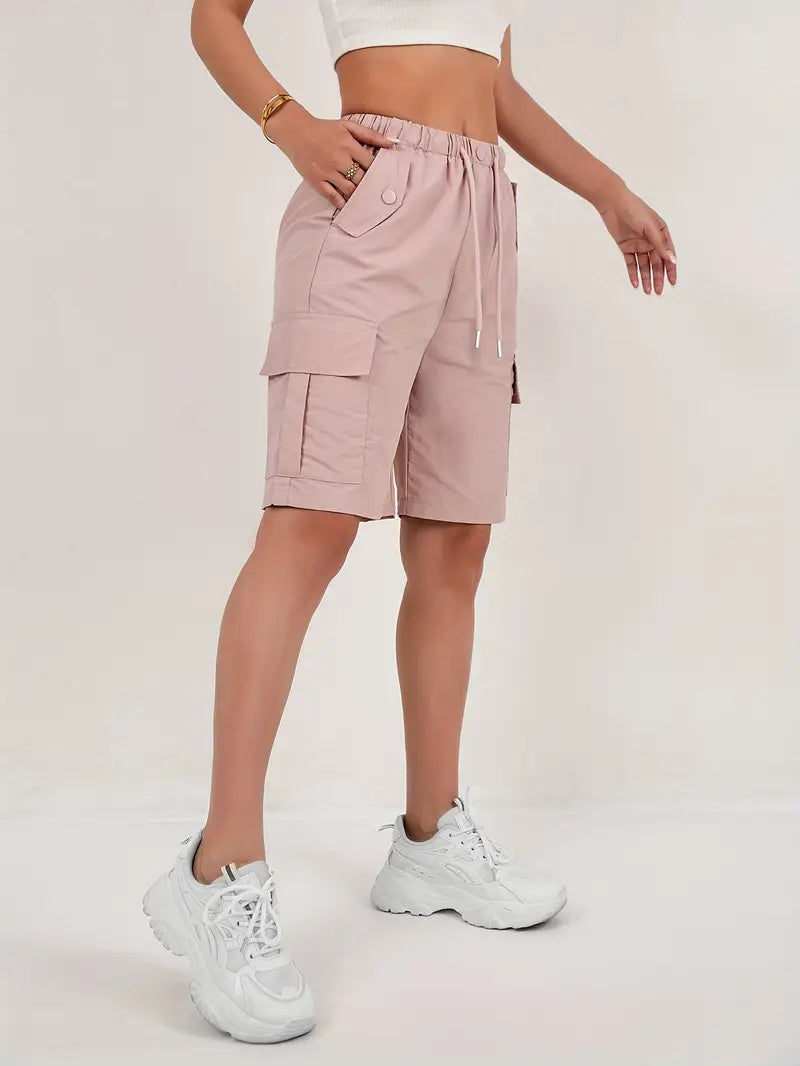 Effortless Pink Cargo Shorts for Women with High Waist Drawstring Relaxed Bermuda Style