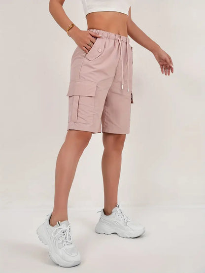 Effortless Pink Cargo Shorts for Women with High Waist Drawstring Relaxed Bermuda Style