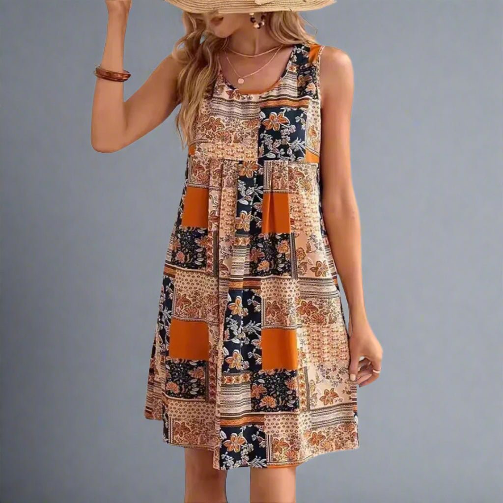 Effortless Patchwork Floral Mini Dress for Women with Scoop Neck Sleeveless Pleated Boho Style