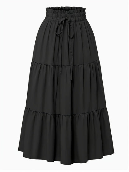 Effortless Tiered Maxi Skirt for Women with Paperbag Waist Drawstring Tie Flowing Boho Style