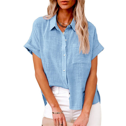 Effortless Linen Blouse for Women with Collar Short Sleeve Chest Pocket Relaxed Style
