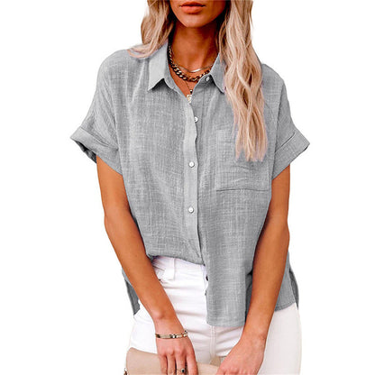 Effortless Linen Blouse for Women with Collar Short Sleeve Chest Pocket Relaxed Style