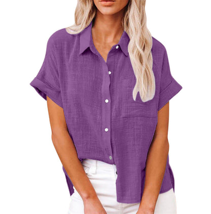 Effortless Linen Blouse for Women with Collar Short Sleeve Chest Pocket Relaxed Style