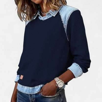 Effortless Denim Trim Sweatshirt for Women with Collar Long Sleeve Raglan Colorblock Casual Style