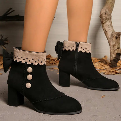 Comfortable Black Boots for Women with Bow Detail Pearl Trim Block Heel Ankle Style