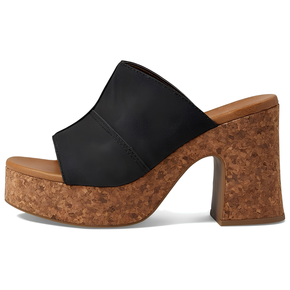 Comfortable Mules Heels for Women with Wide Band Cork Platform Block Heel Open Toe Style
