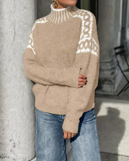 Comfortable Fair Isle Sweater for Women with Mock Neck Long Sleeve Oversized Knit Style