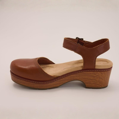 Comfortable Clogs for Women with Buckle Ankle Strap Wood Look Block Heel Closed Toe Style