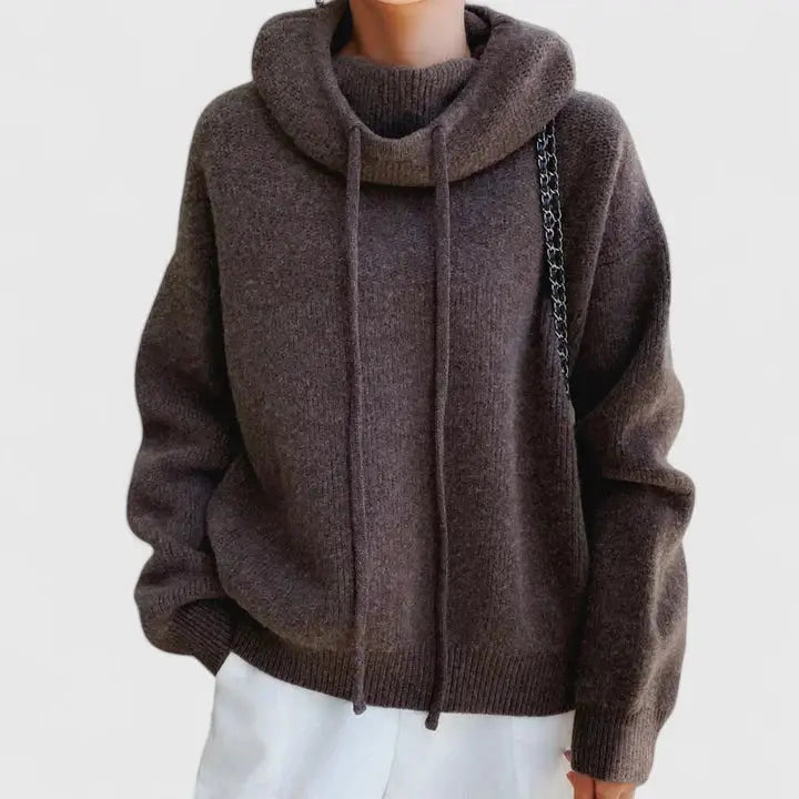Comfortable Cowl Neck Sweater for Women with Drawstring Hood Long Sleeve Oversized Knit Style