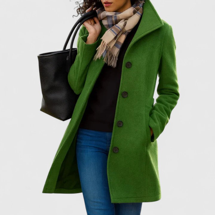 Elegant Wool Pea Coat for Women with Notch Collar Long Sleeve Button Front Longline Casual Style