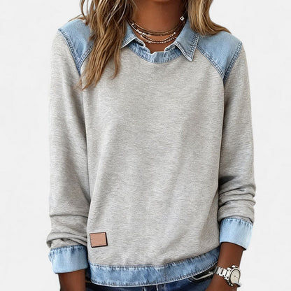 Effortless Denim Trim Sweatshirt for Women with Point Collar Long Sleeve Colorblock Casual Style