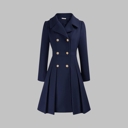 Elegant Wool Coat for Women with Notched Lapel Long Sleeve Double Breasted Pleated Flare Style