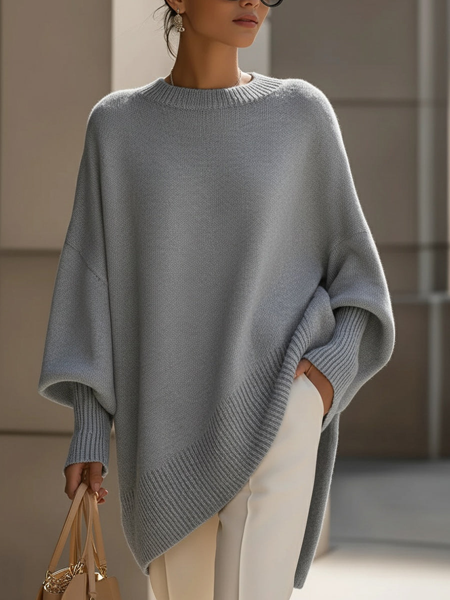 Comfortable Ribbed Trim Oversized Sweater for Women with Crew Neck Batwing Sleeve Asymmetric Hem Knit Style