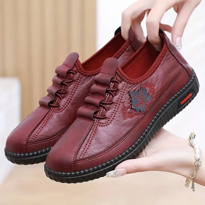 Comfortable Lace Up Shoes for Women with Embossed Floral Panel Soft Sole Slip Resistant Flat Style
