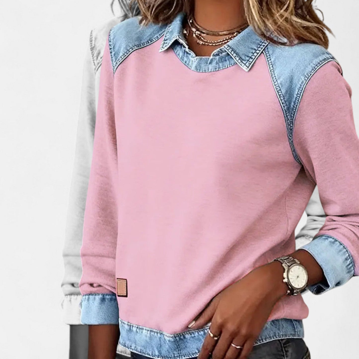 Effortless Denim Trim Sweatshirt for Women with Point Collar Long Sleeve Colorblock Casual Style