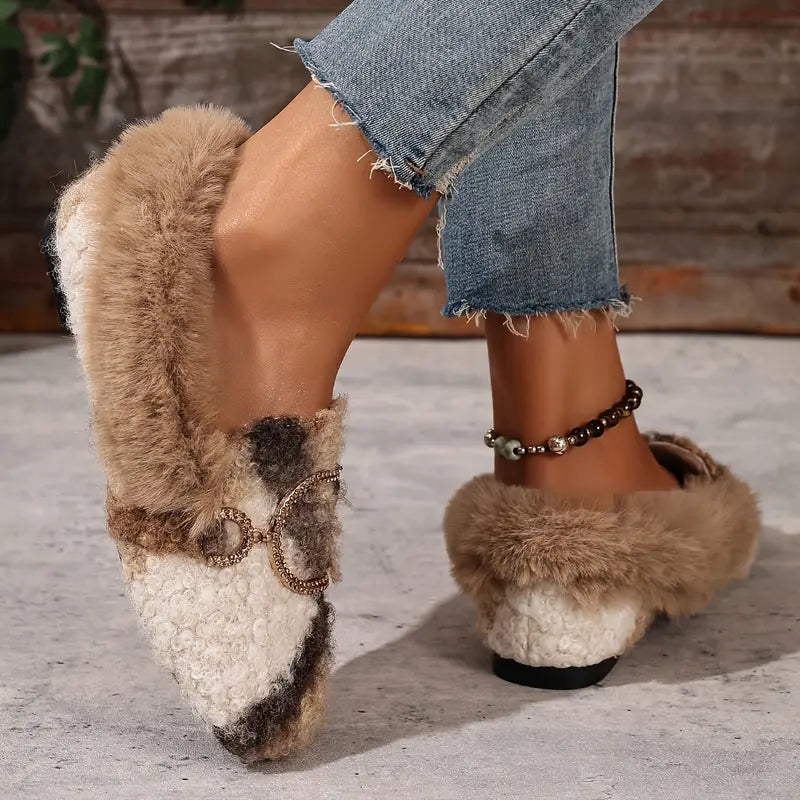 Comfortable Beige Slippers for Women with Faux Fur Upper Bow Detail Slip On House Shoe Style