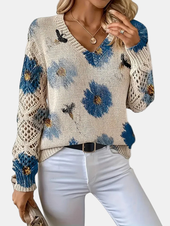 Comfortable Floral Print Sweater for Women with V Neck Long Sleeve Crochet Panel Oversized Knit Style