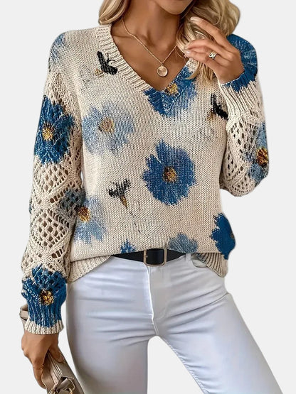 Comfortable Floral Crochet Sweater for Women with V Neck Long Sleeve Relaxed Oversized Knit Style